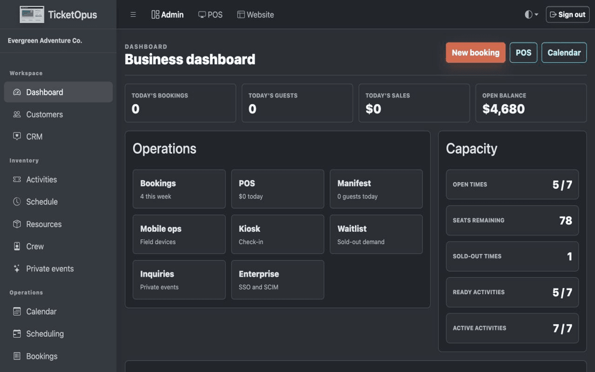 TicketOpus product dashboard screenshot for the feature guide.